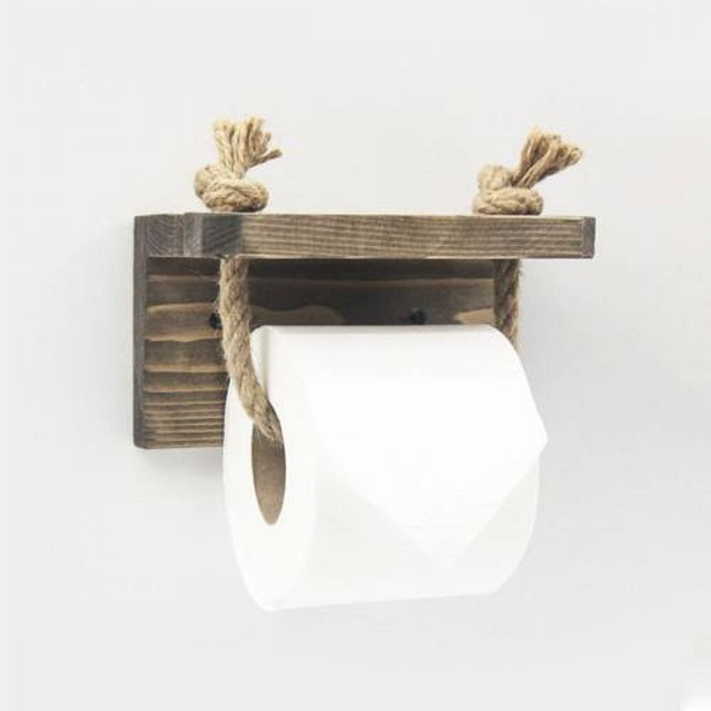 Porta carta igienica in iuta con supporto in legno