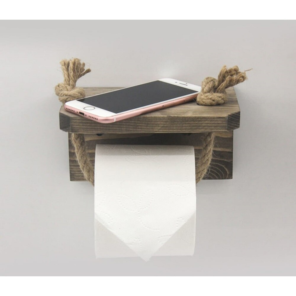 Porta carta igienica in iuta con supporto in legno